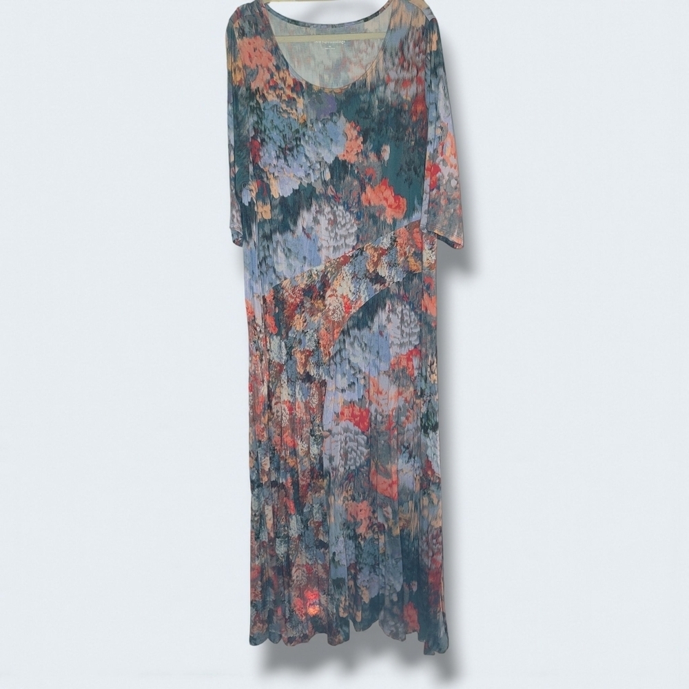 Soft Surroundings Floral Maxi Dress in Teal, Coral, and Blue